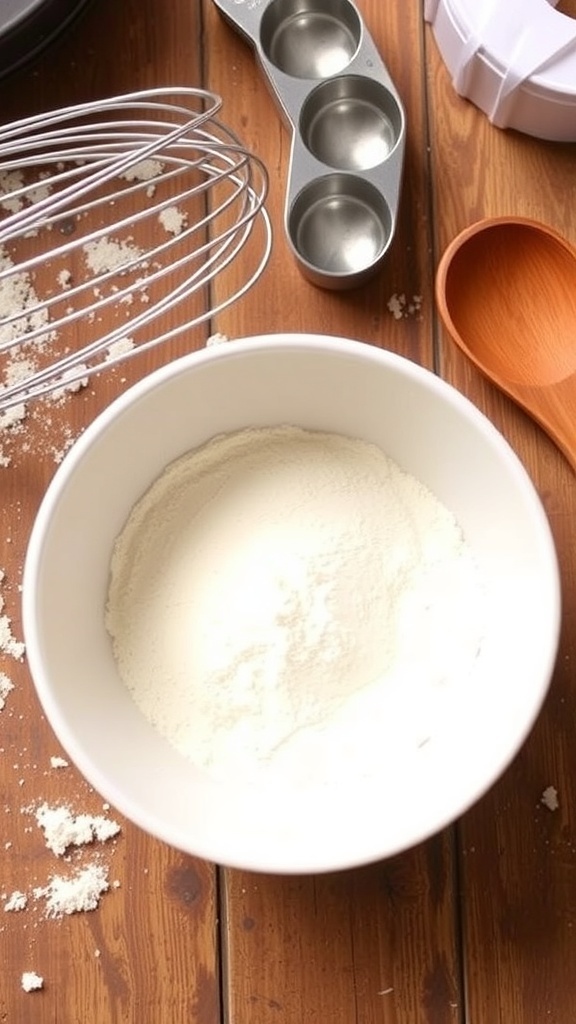 A bowl of all-purpose flour with baking tools on a kitchen countertop.